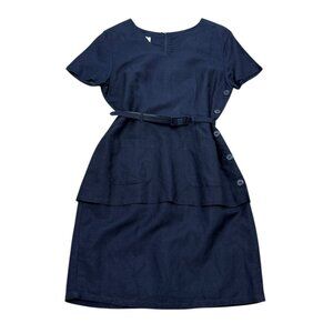 Vintage 90s Jenifer Eden Navy Ramie Blend Belted Dress Shoulder Pads